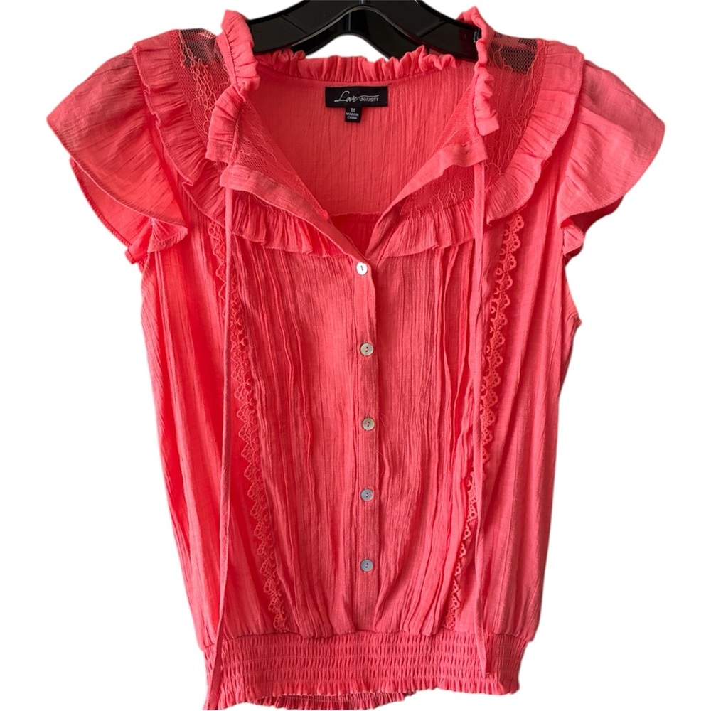 Love University Coral Ruffled Lace-Trim Button Front Cottagecore Feminine Top M